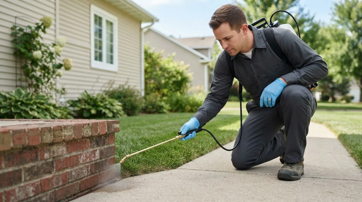 Pest control technician treating a home near Belle Plaine, IA