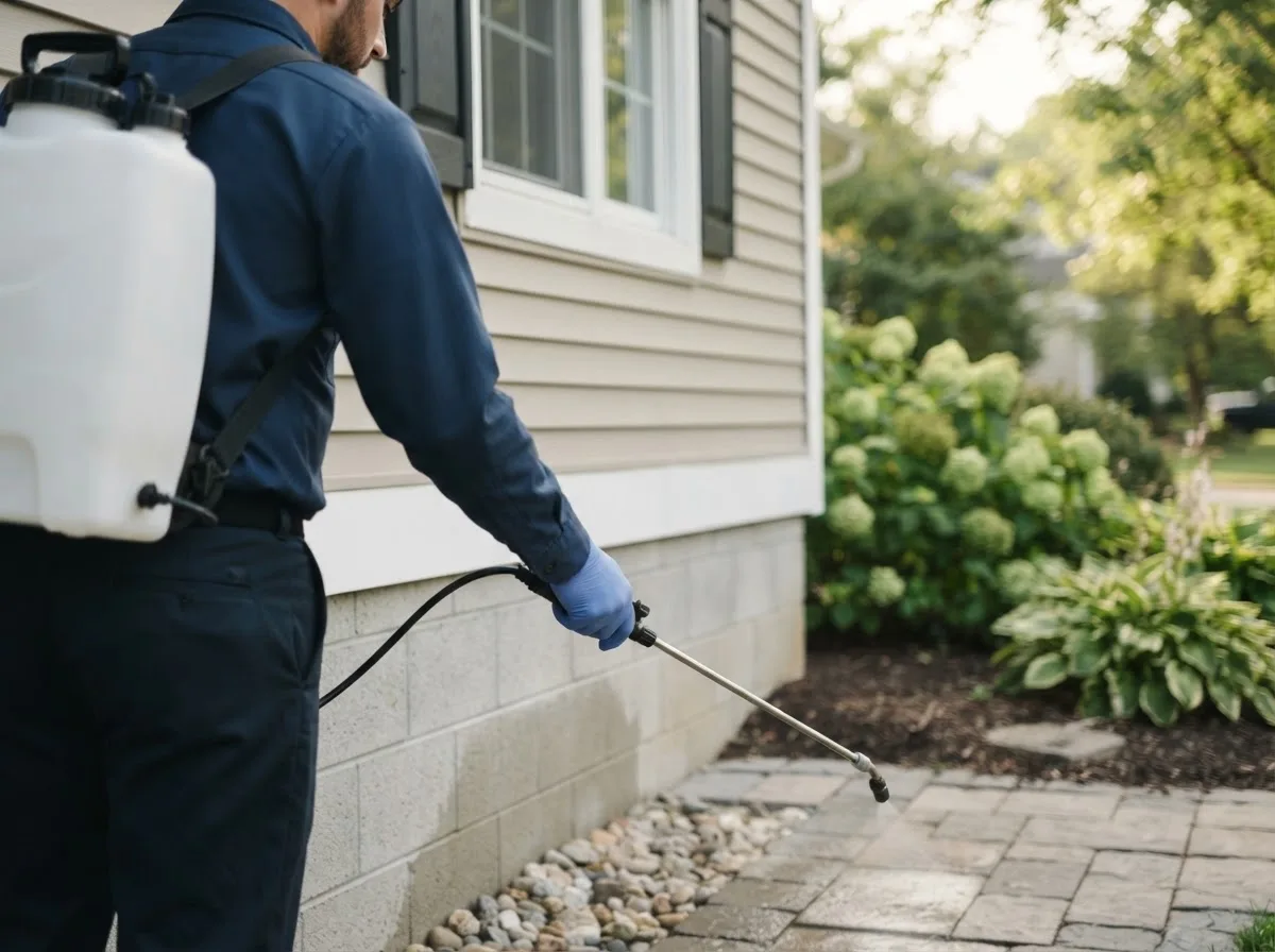 Pest control technician inspecting a home in Belle Plaine, IA